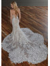 Strapless Plunging Neck Ivory Lace Tulle Open Buttons Back Wedding Dress